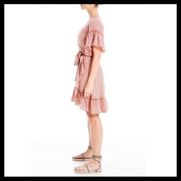 MAX STUDIO Short Sleeve Gingham Ruffle
True Wrap Dress Color: Terra Cotta/Cream - Picture 3 of 6